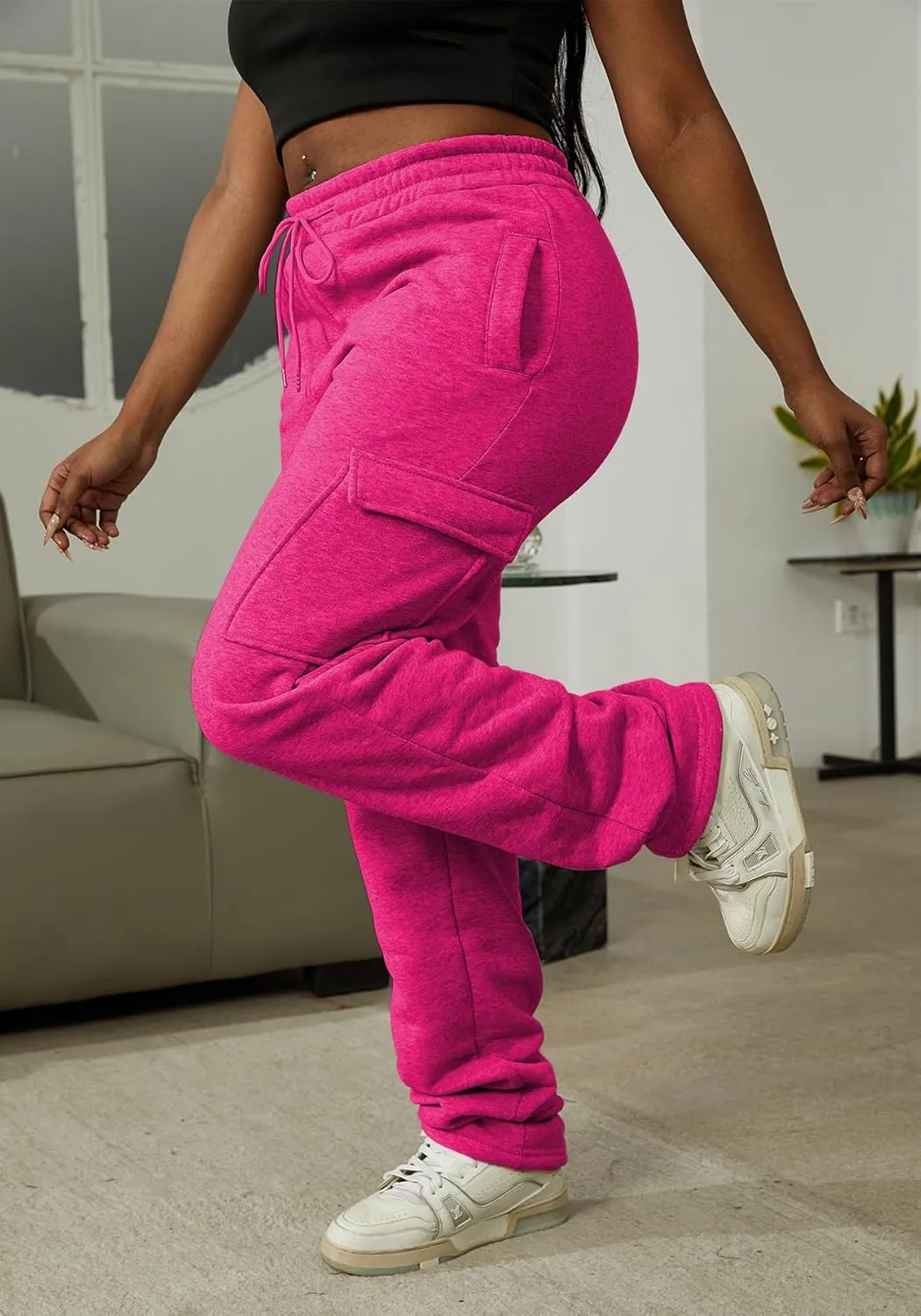 Women Cargo Sweatpants Stacked Pants Warm Fleece Drawstring Waist Casual Joggers Trousers