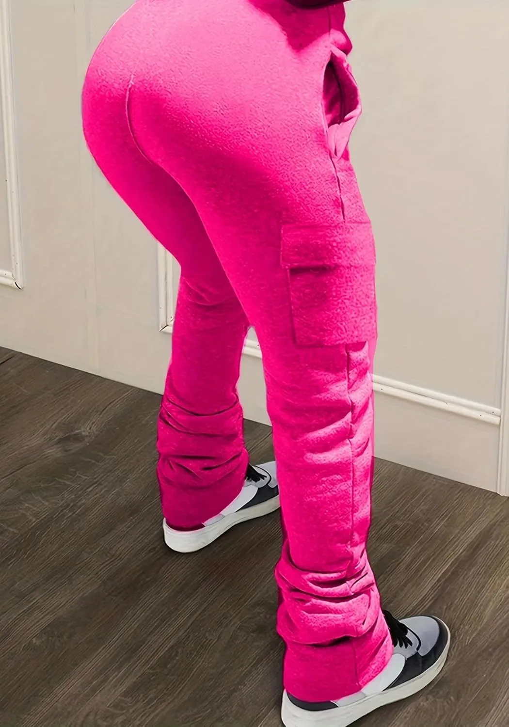 Women Cargo Sweatpants Stacked Pants Warm Fleece Drawstring Waist Casual Joggers Trousers