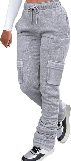 Women Cargo Sweatpants Stacked Pants Warm Fleece Drawstring Waist Casual Joggers Trousers