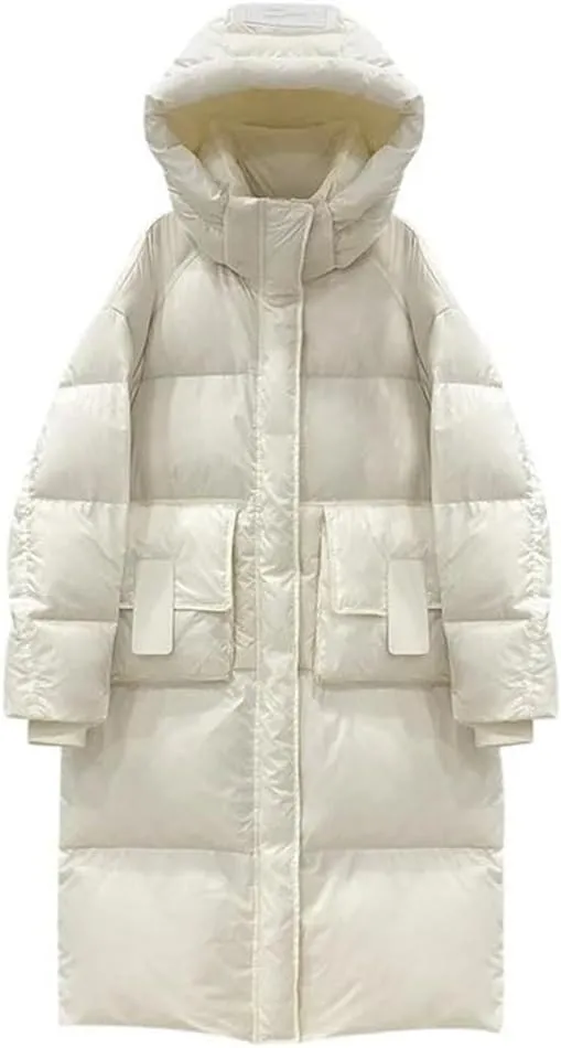 Women Casual Mid-Length Stand Collar Hooded Down Coat Winter Thicken Zipper Cotton-Padded Jacket Warm Loose Jacket