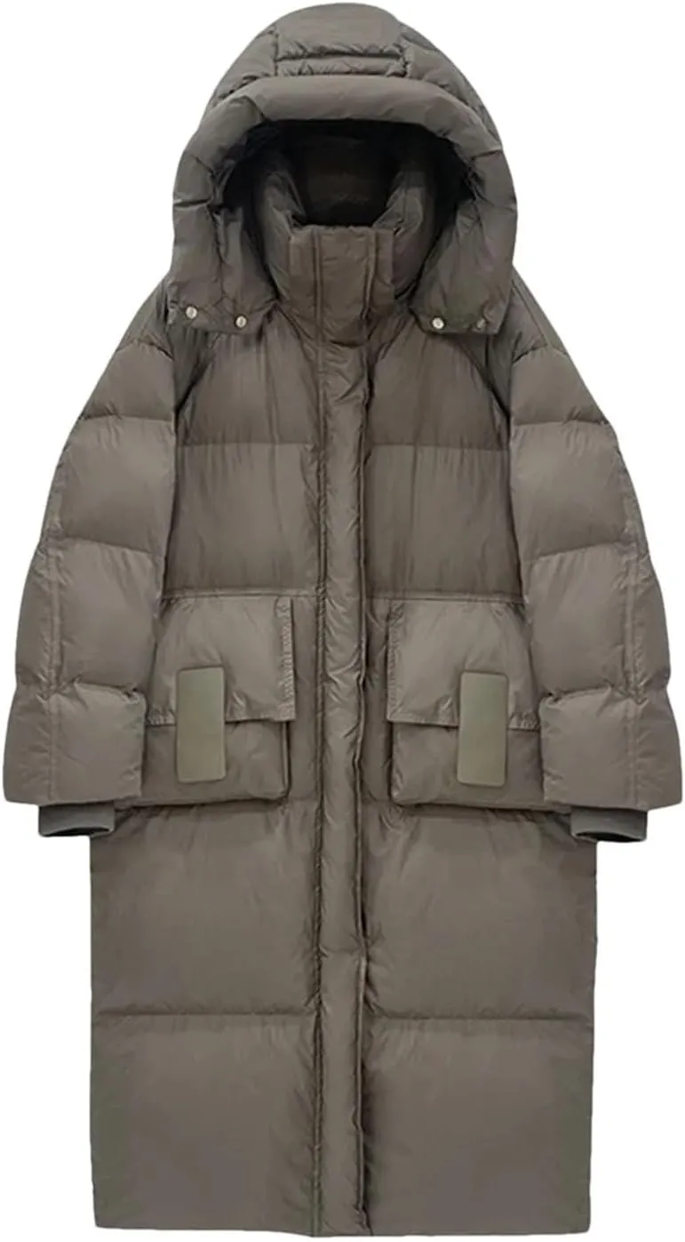 Women Casual Mid-Length Stand Collar Hooded Down Coat Winter Thicken Zipper Cotton-Padded Jacket Warm Loose Jacket