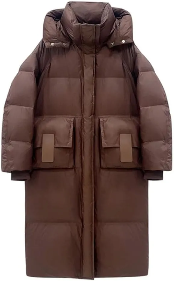 Women Casual Mid-Length Stand Collar Hooded Down Coat Winter Thicken Zipper Cotton-Padded Jacket Warm Loose Jacket