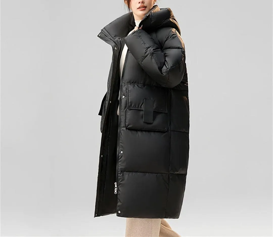 Women Casual Mid-Length Stand Collar Hooded Down Coat Winter Thicken Zipper Cotton-Padded Jacket Warm Loose Jacket