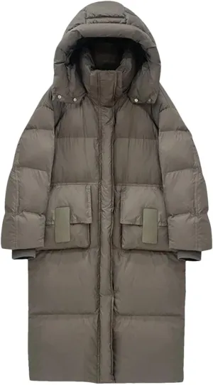 Women Casual Mid-Length Stand Collar Hooded Down Coat Winter Thicken Zipper Cotton-Padded Jacket Warm Loose Jacket