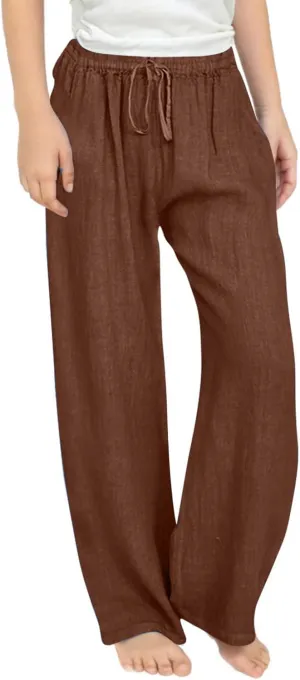Women Cotton Linen Palazzo Pants Summer Flowy Wide Leg Trousers with Pockets High Waist Drawstring Beach Lounge Pants