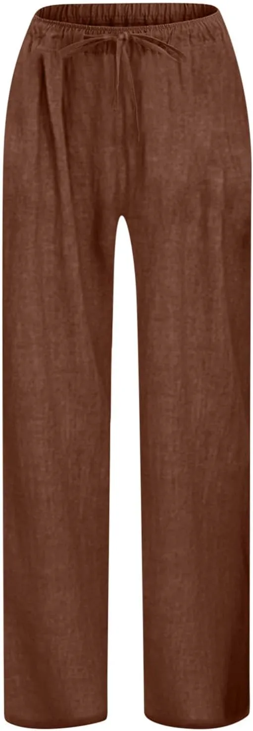 Women Cotton Linen Palazzo Pants Summer Flowy Wide Leg Trousers with Pockets High Waist Drawstring Beach Lounge Pants