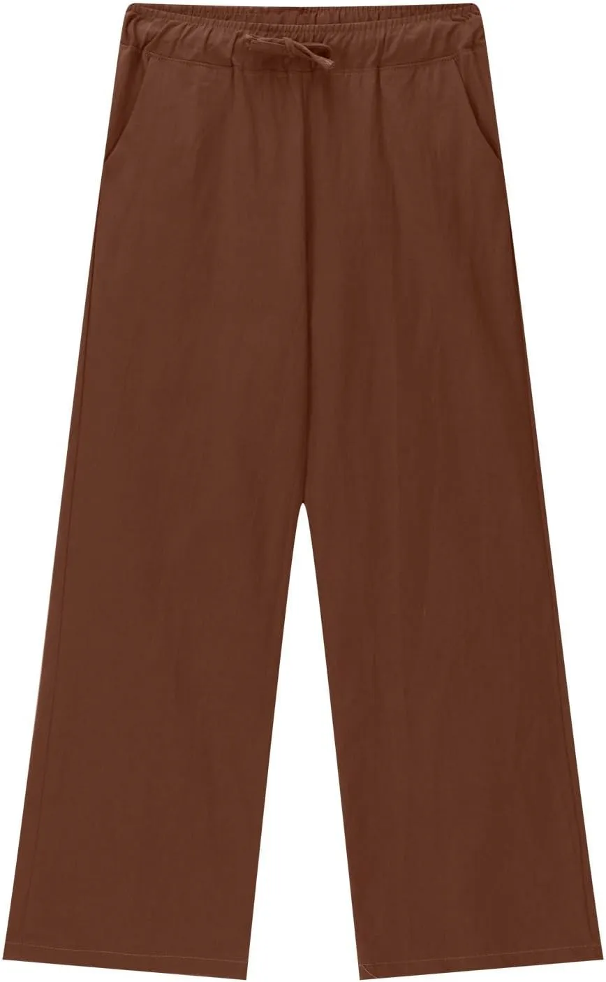 Women Cotton Linen Palazzo Pants Summer Flowy Wide Leg Trousers with Pockets High Waist Drawstring Beach Lounge Pants