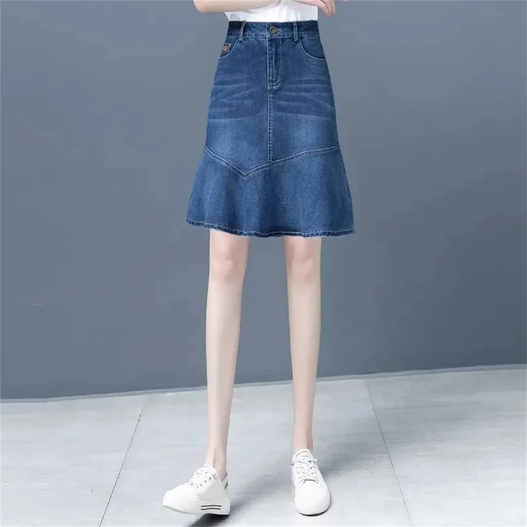 Women Denim Skirt for High-Waisted Ruffle A-Line Jeans Skirt Package HIPS Mini Denim Skirts