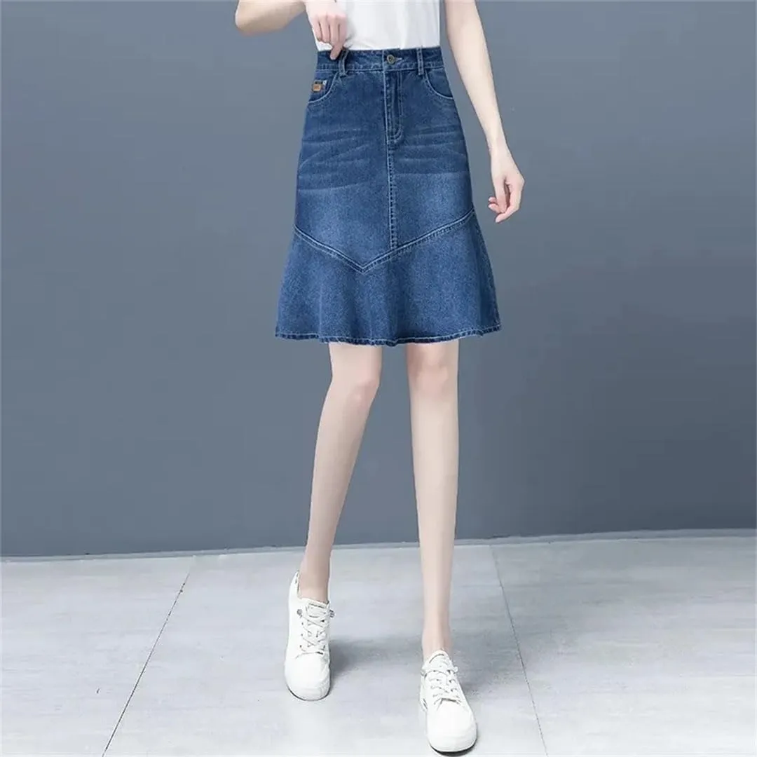 Women Denim Skirt for High-Waisted Ruffle A-Line Jeans Skirt Package HIPS Mini Denim Skirts