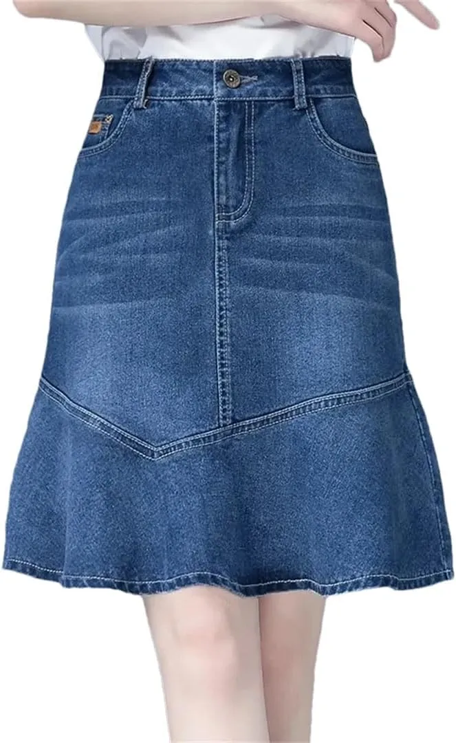 Women Denim Skirt for High-Waisted Ruffle A-Line Jeans Skirt Package HIPS Mini Denim Skirts