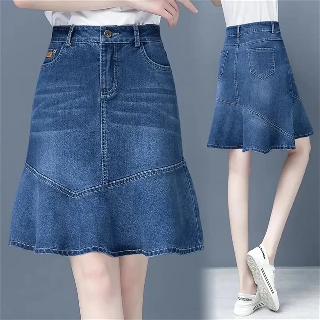 Women Denim Skirt for High-Waisted Ruffle A-Line Jeans Skirt Package HIPS Mini Denim Skirts