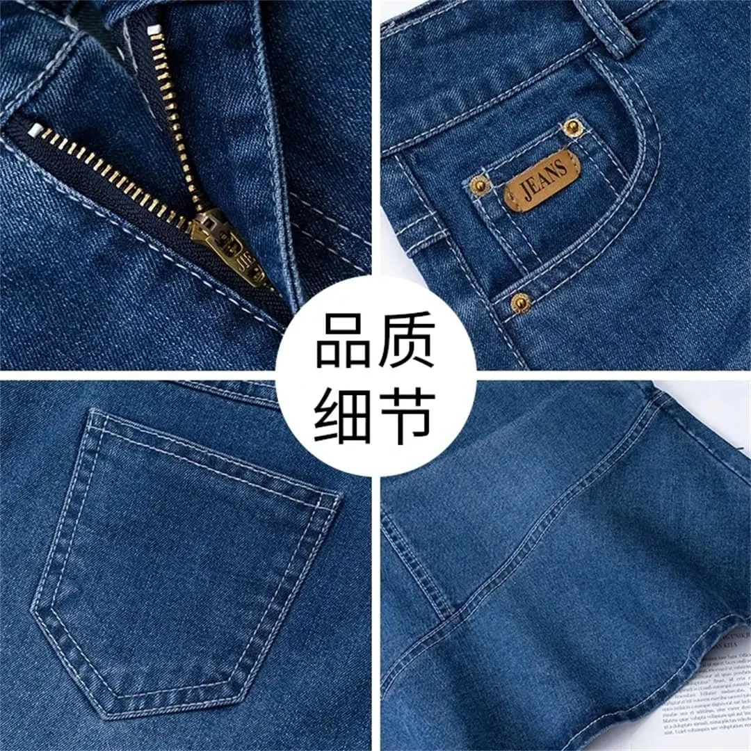 Women Denim Skirt for High-Waisted Ruffle A-Line Jeans Skirt Package HIPS Mini Denim Skirts