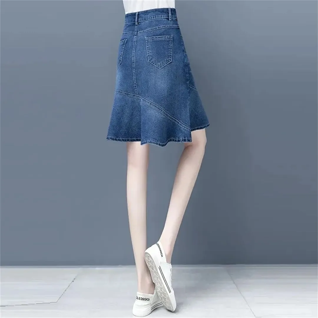 Women Denim Skirt for High-Waisted Ruffle A-Line Jeans Skirt Package HIPS Mini Denim Skirts