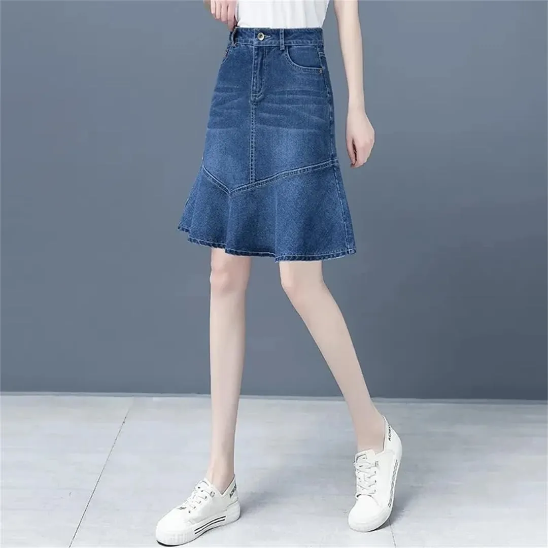 Women Denim Skirt for High-Waisted Ruffle A-Line Jeans Skirt Package HIPS Mini Denim Skirts