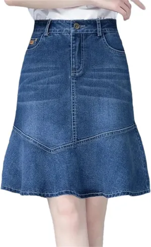 Women Denim Skirt for High-Waisted Ruffle A-Line Jeans Skirt Package HIPS Mini Denim Skirts