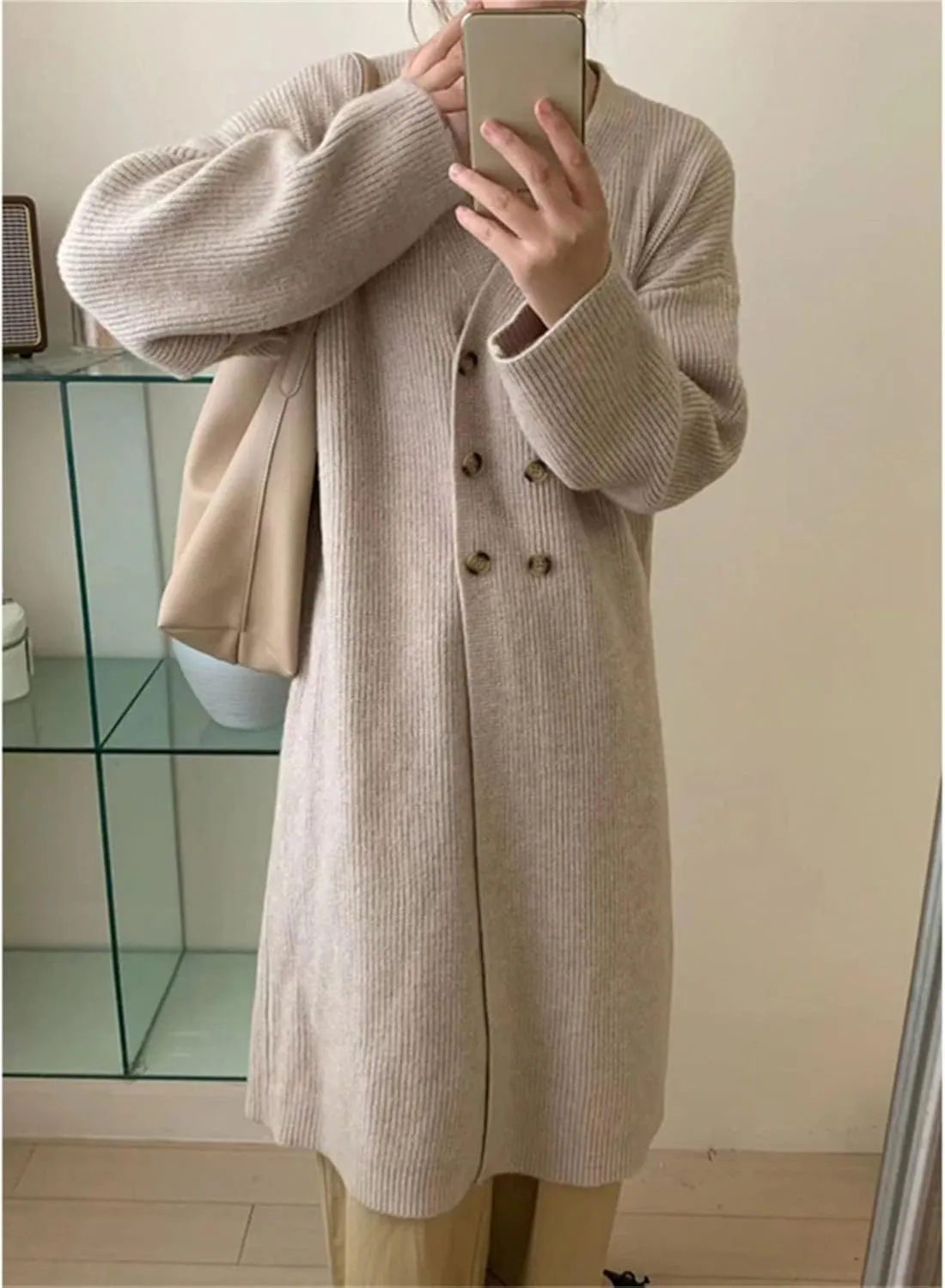 Women Double Breasted Coats Jacket Winter Trendy Solid Color Knit Overcoat Long Sleeve Maxi Long Trench Coat