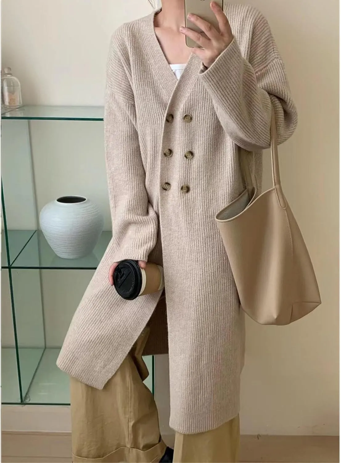 Women Double Breasted Coats Jacket Winter Trendy Solid Color Knit Overcoat Long Sleeve Maxi Long Trench Coat