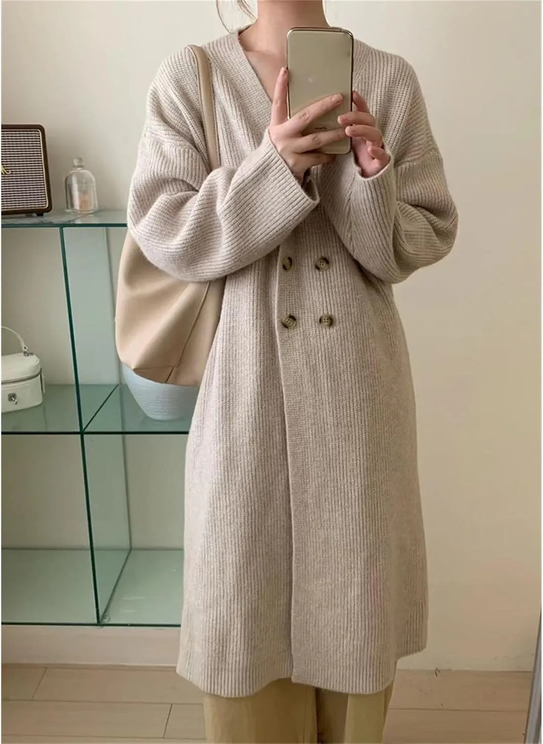 Women Double Breasted Coats Jacket Winter Trendy Solid Color Knit Overcoat Long Sleeve Maxi Long Trench Coat