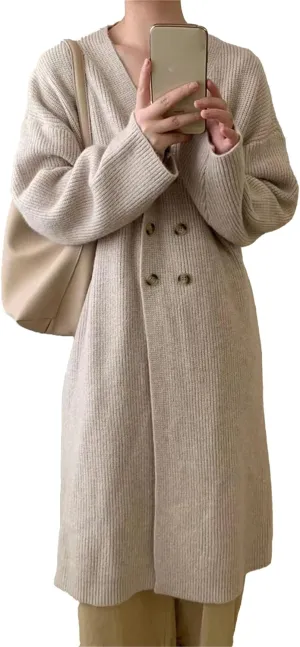 Women Double Breasted Coats Jacket Winter Trendy Solid Color Knit Overcoat Long Sleeve Maxi Long Trench Coat