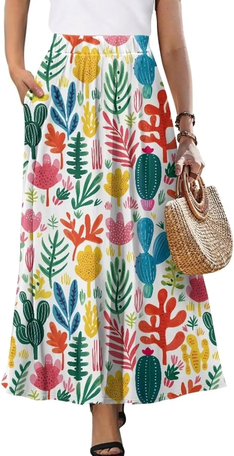 Women Full Length Skirt High Waisted Long Skirts with Pockets Lightweight Soft Flowy Swing A Line Maxi Skirt S-2XL