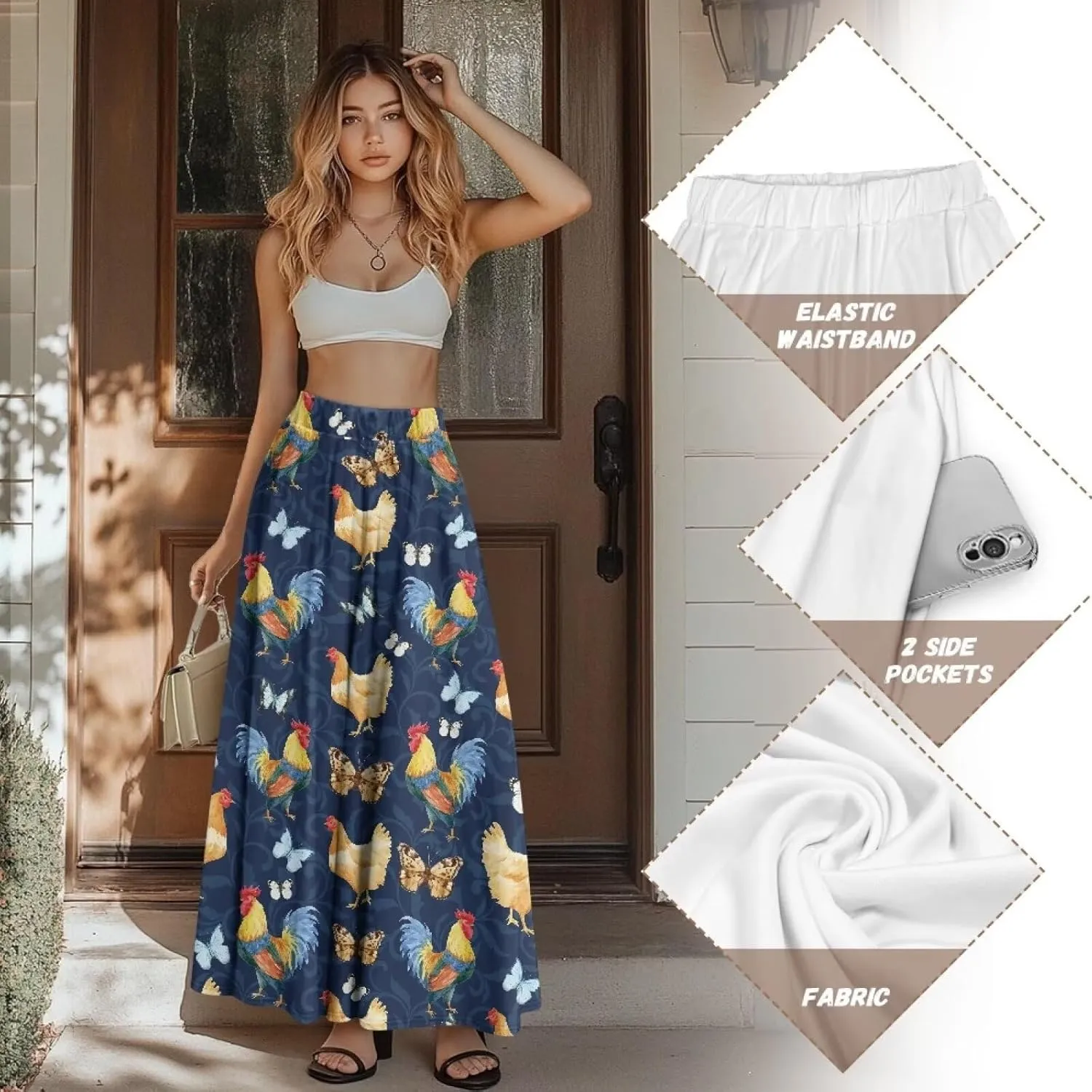 Women Full Length Skirt High Waisted Long Skirts with Pockets Lightweight Soft Flowy Swing A Line Maxi Skirt S-2XL