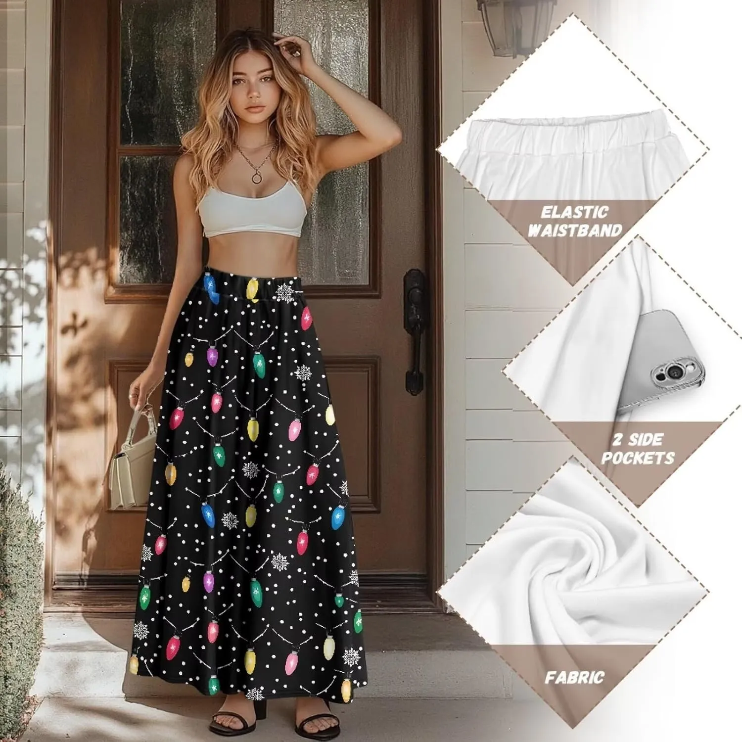 Women Full Length Skirt High Waisted Long Skirts with Pockets Lightweight Soft Flowy Swing A Line Maxi Skirt S-2XL