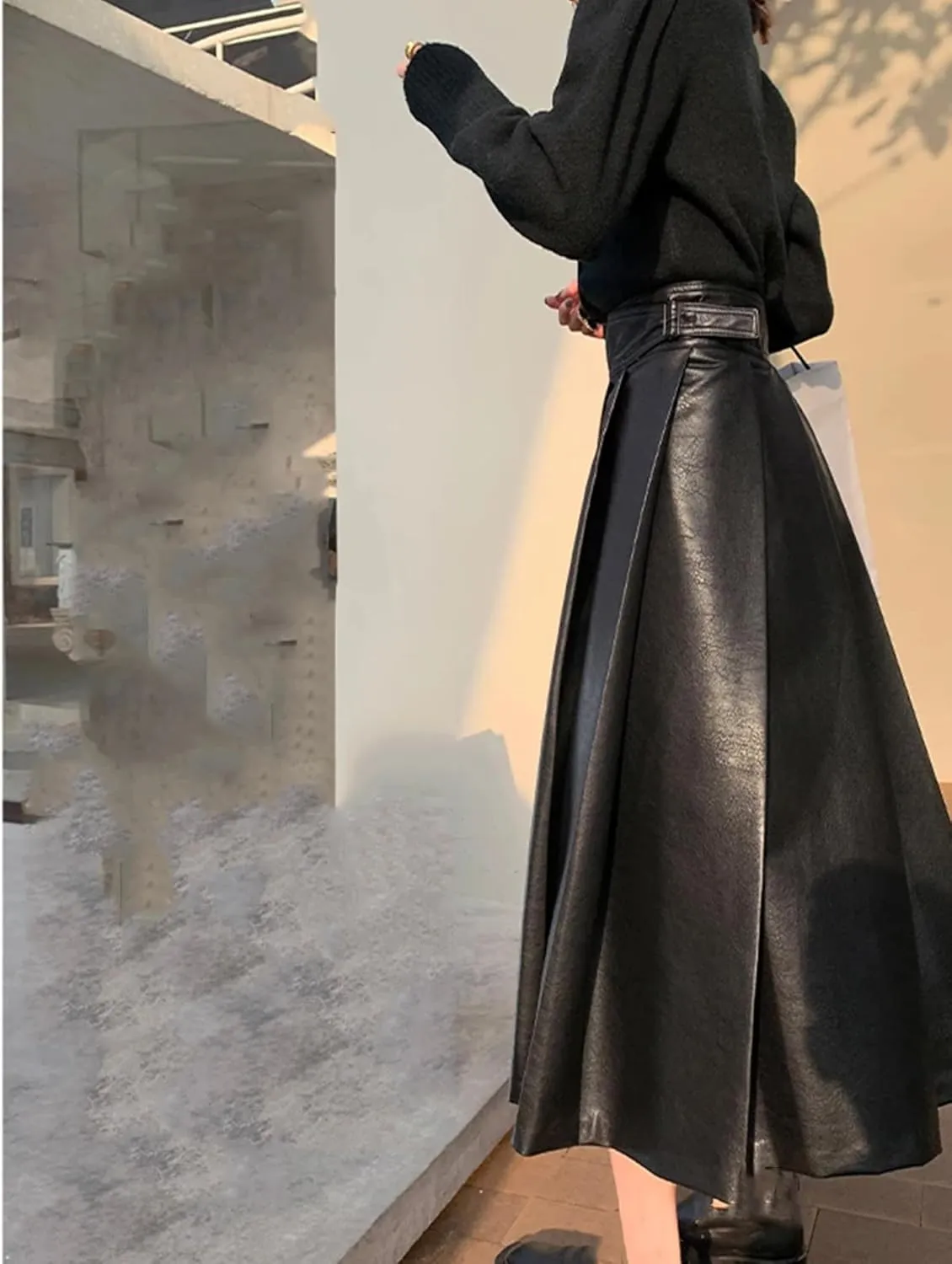 Women High Waisted Pleated Soft Faux Leather Midi Skirt A Line Long Skirts Classical Mid Length Skirt