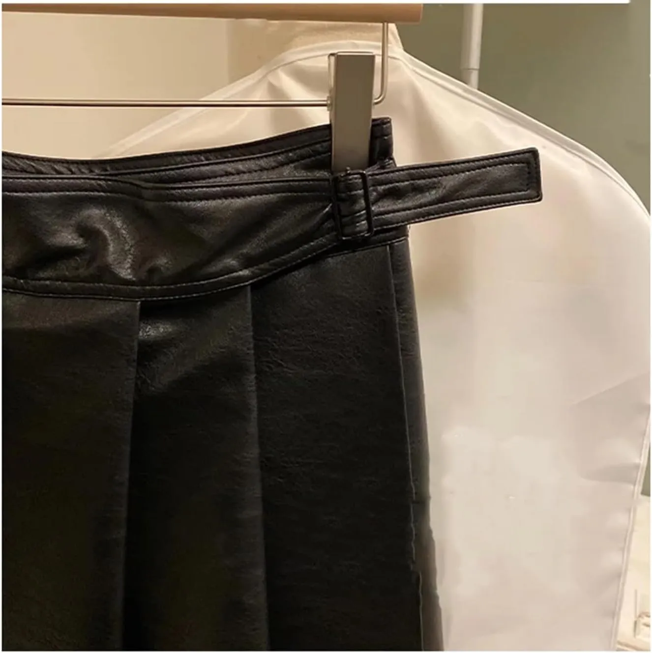 Women High Waisted Pleated Soft Faux Leather Midi Skirt A Line Long Skirts Classical Mid Length Skirt
