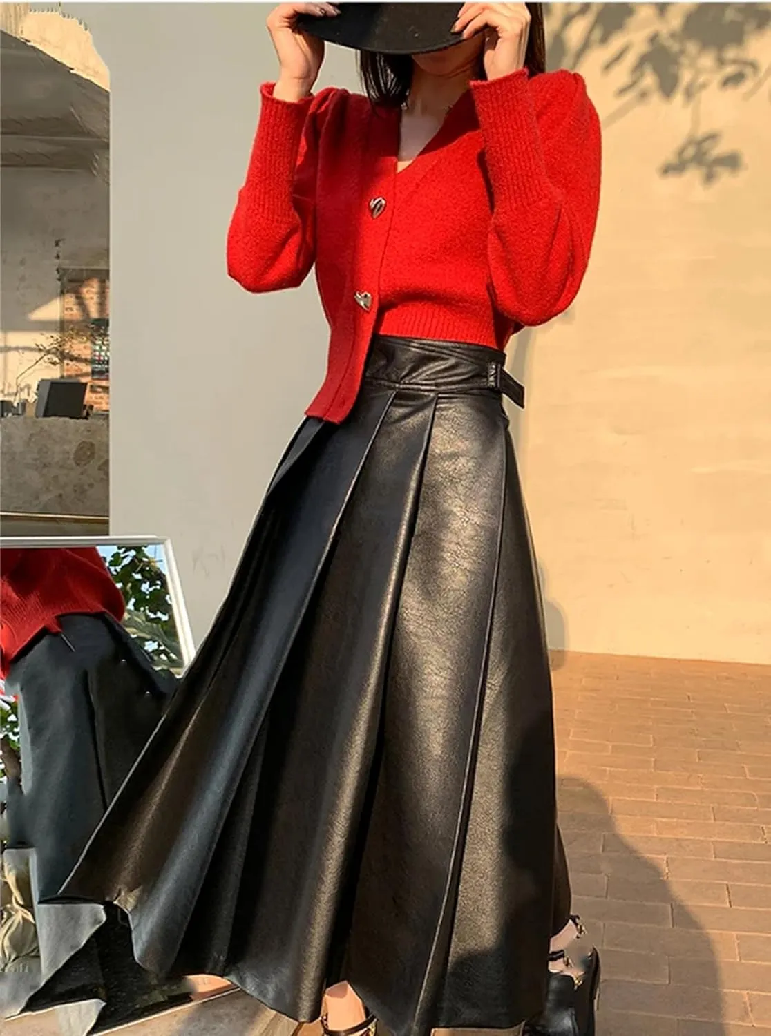 Women High Waisted Pleated Soft Faux Leather Midi Skirt A Line Long Skirts Classical Mid Length Skirt
