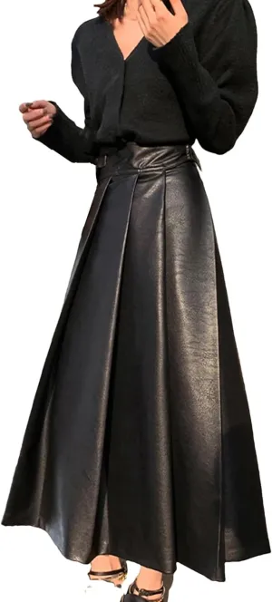 Women High Waisted Pleated Soft Faux Leather Midi Skirt A Line Long Skirts Classical Mid Length Skirt