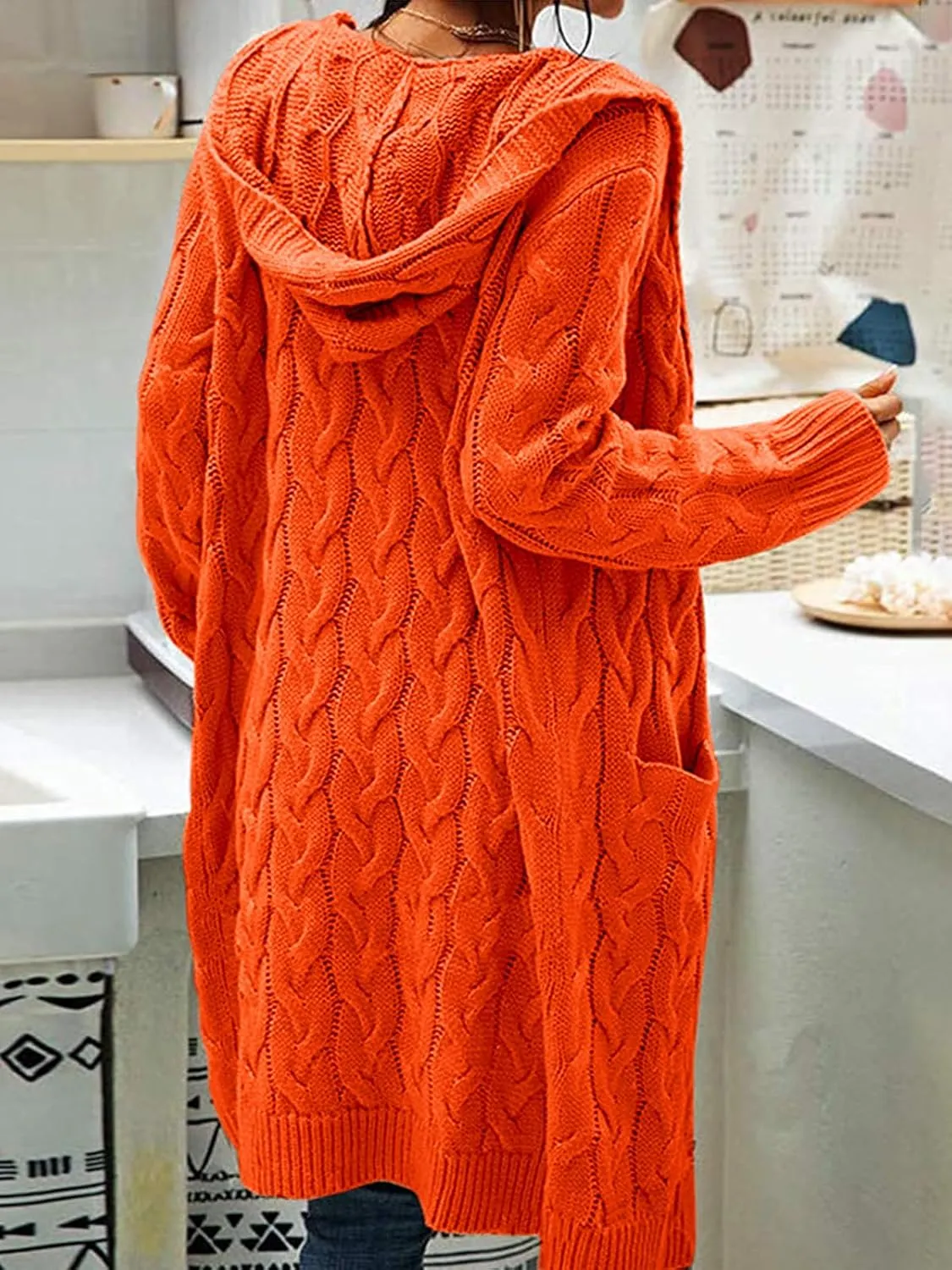 Women Hooded Open Front Cardigan Cable Knit Sweaters Solid Color Chunky Long Sweater Coats
