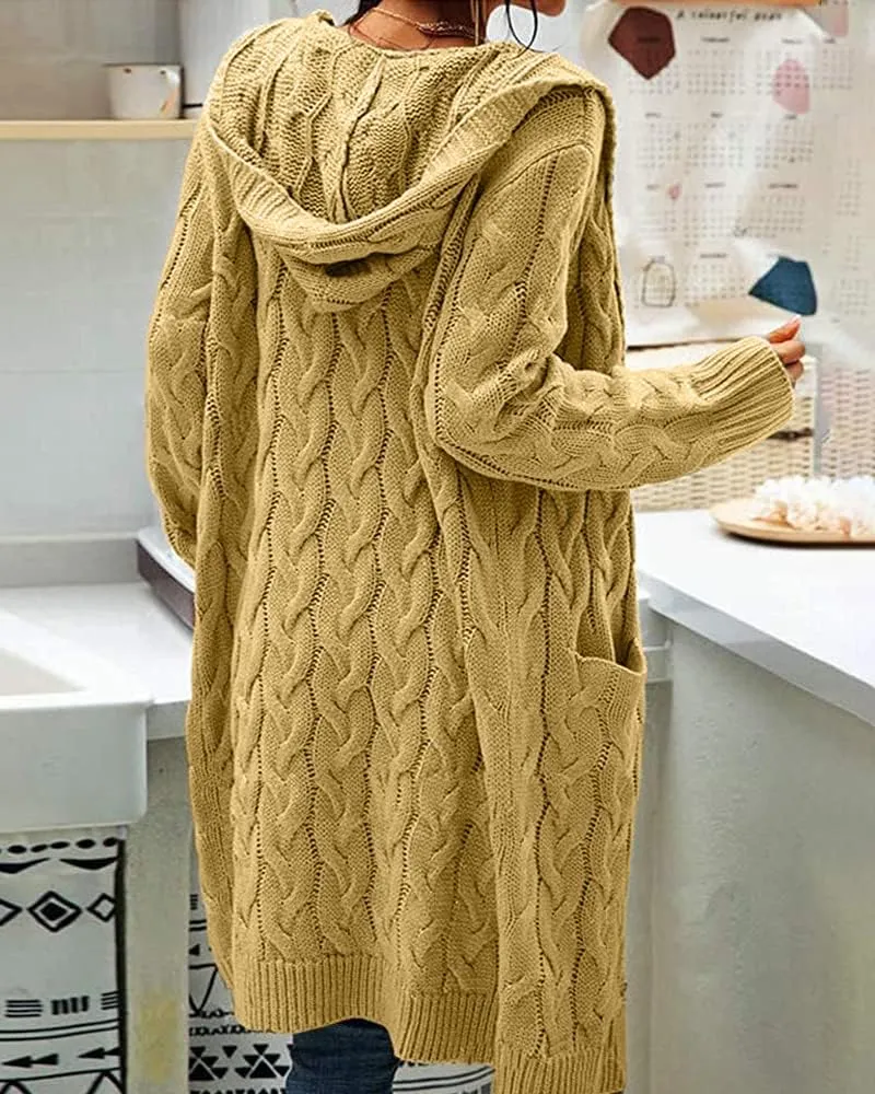 Women Hooded Open Front Cardigan Cable Knit Sweaters Solid Color Chunky Long Sweater Coats