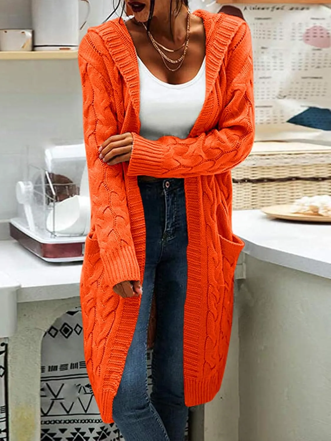 Women Hooded Open Front Cardigan Cable Knit Sweaters Solid Color Chunky Long Sweater Coats
