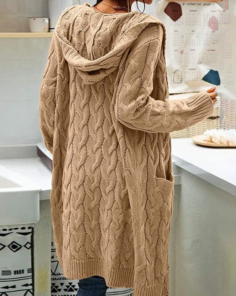 Women Hooded Open Front Cardigan Cable Knit Sweaters Solid Color Chunky Long Sweater Coats
