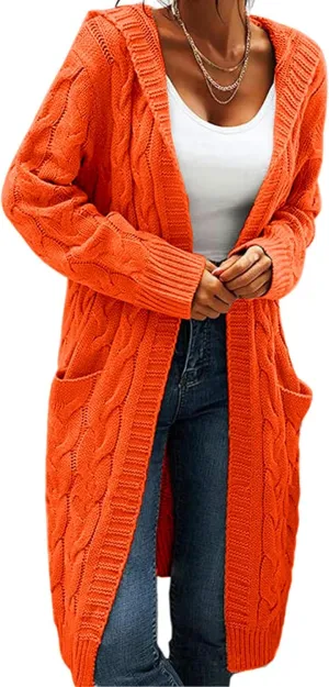 Women Hooded Open Front Cardigan Cable Knit Sweaters Solid Color Chunky Long Sweater Coats