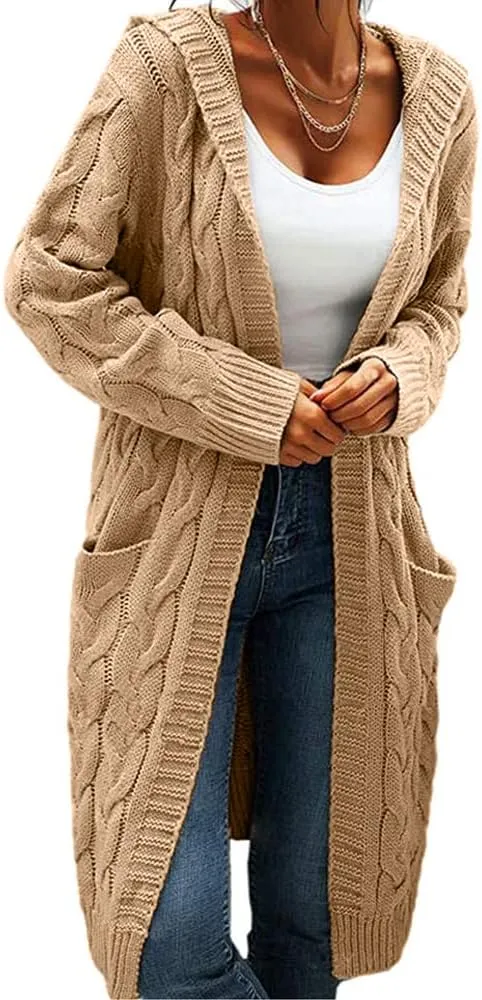 Women Hooded Open Front Cardigan Cable Knit Sweaters Solid Color Chunky Long Sweater Coats