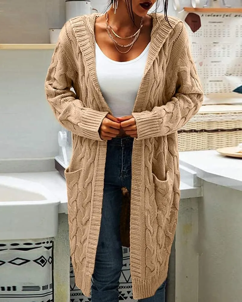 Women Hooded Open Front Cardigan Cable Knit Sweaters Solid Color Chunky Long Sweater Coats