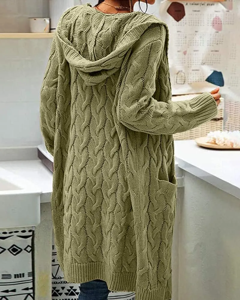 Women Hooded Open Front Cardigan Cable Knit Sweaters Solid Color Chunky Long Sweater Coats