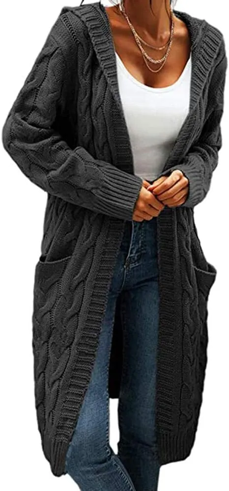 Women Hooded Open Front Cardigan Cable Knit Sweaters Solid Color Chunky Long Sweater Coats