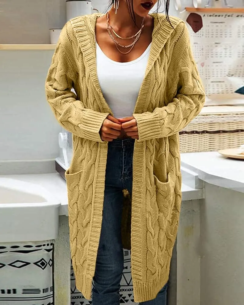 Women Hooded Open Front Cardigan Cable Knit Sweaters Solid Color Chunky Long Sweater Coats