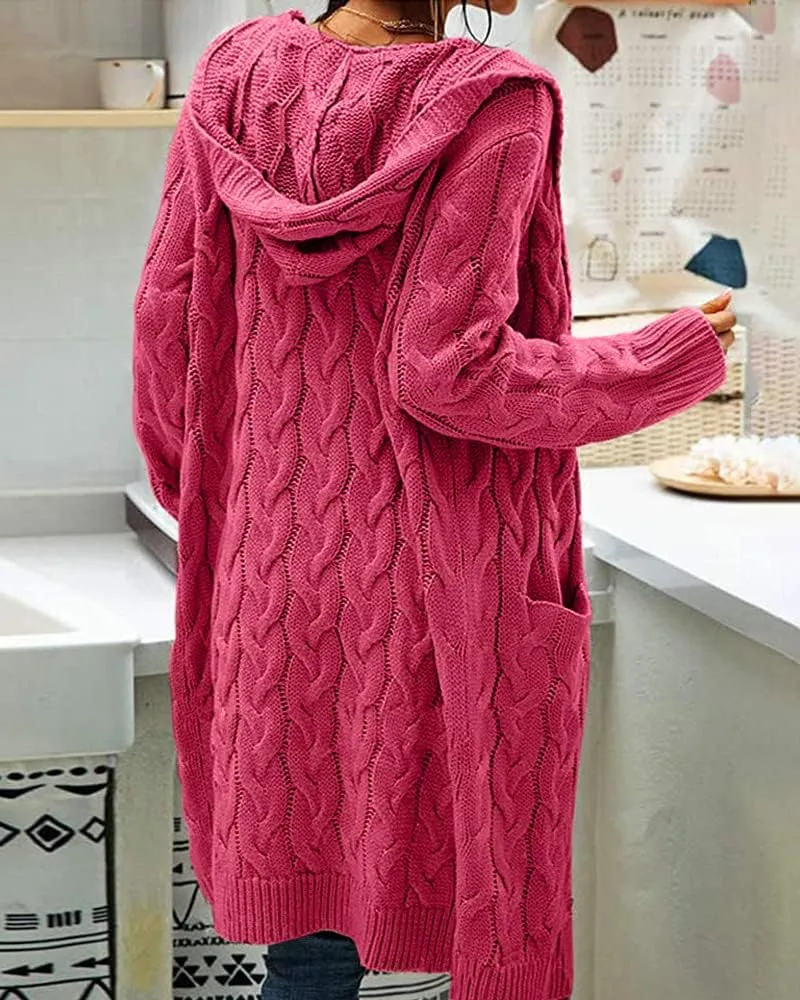 Women Hooded Open Front Cardigan Cable Knit Sweaters Solid Color Chunky Long Sweater Coats