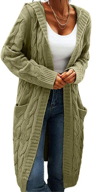 Women Hooded Open Front Cardigan Cable Knit Sweaters Solid Color Chunky Long Sweater Coats