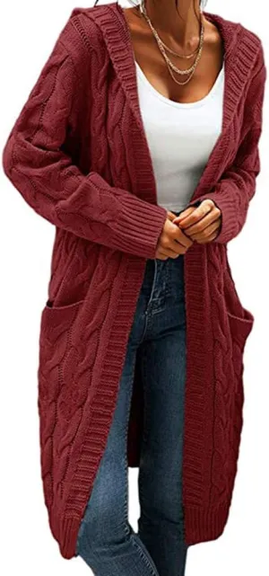 Women Hooded Open Front Cardigan Cable Knit Sweaters Solid Color Chunky Long Sweater Coats