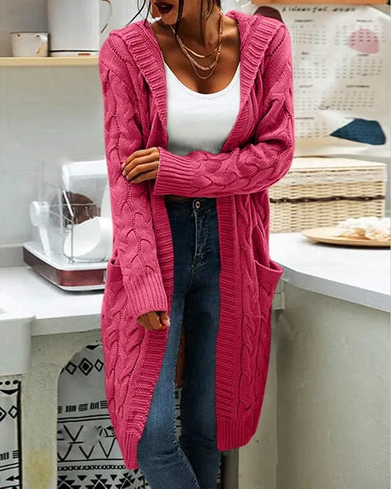 Women Hooded Open Front Cardigan Cable Knit Sweaters Solid Color Chunky Long Sweater Coats