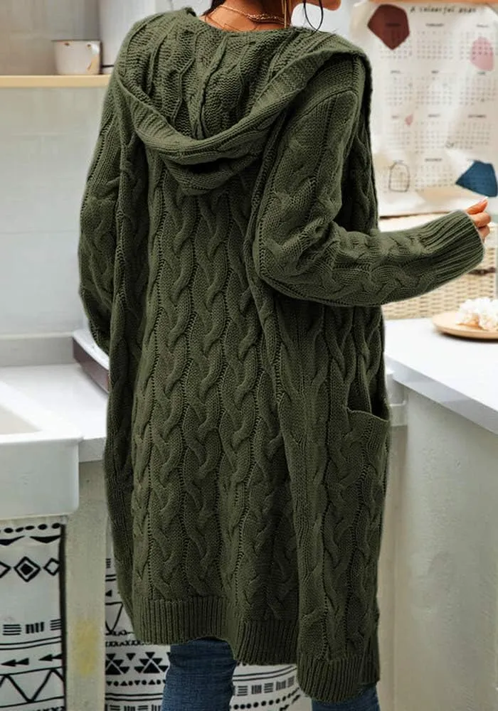 Women Hooded Open Front Cardigan Cable Knit Sweaters Solid Color Chunky Long Sweater Coats
