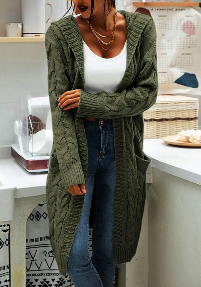 Women Hooded Open Front Cardigan Cable Knit Sweaters Solid Color Chunky Long Sweater Coats