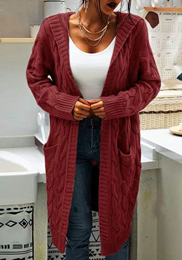 Women Hooded Open Front Cardigan Cable Knit Sweaters Solid Color Chunky Long Sweater Coats