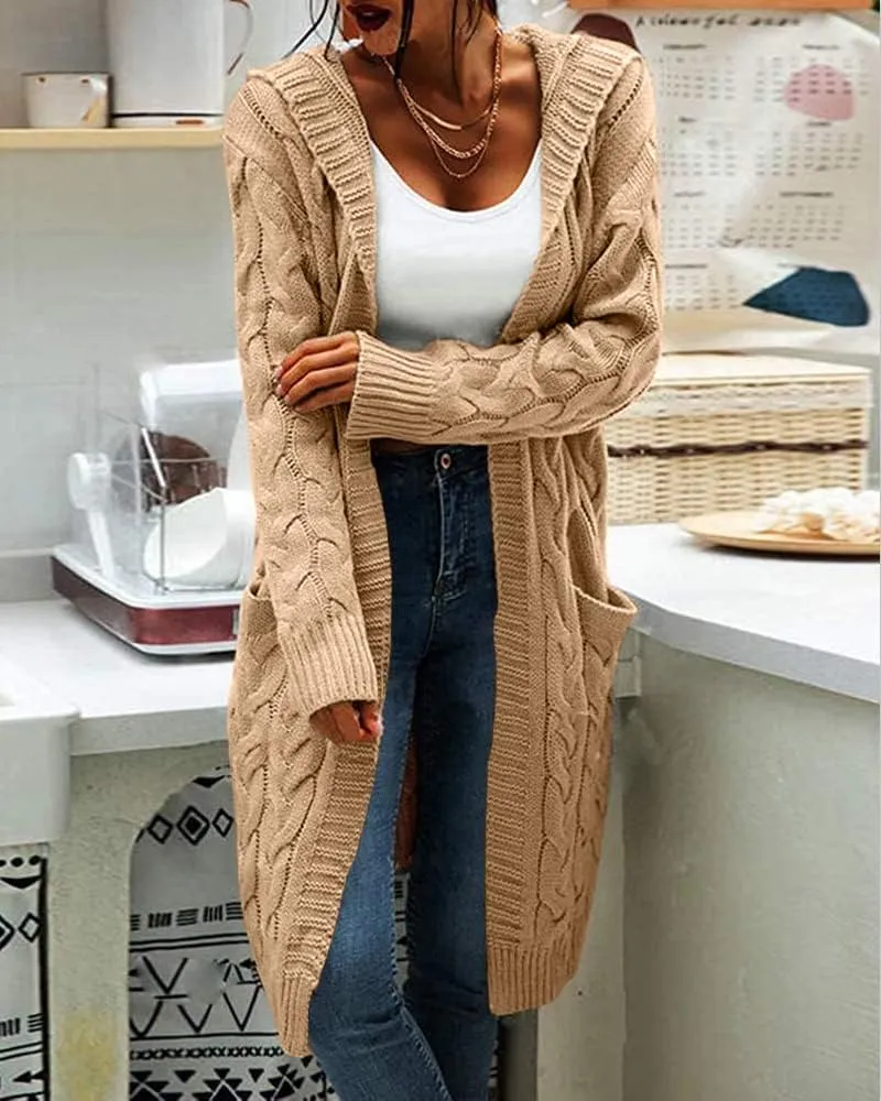 Women Hooded Open Front Cardigan Cable Knit Sweaters Solid Color Chunky Long Sweater Coats
