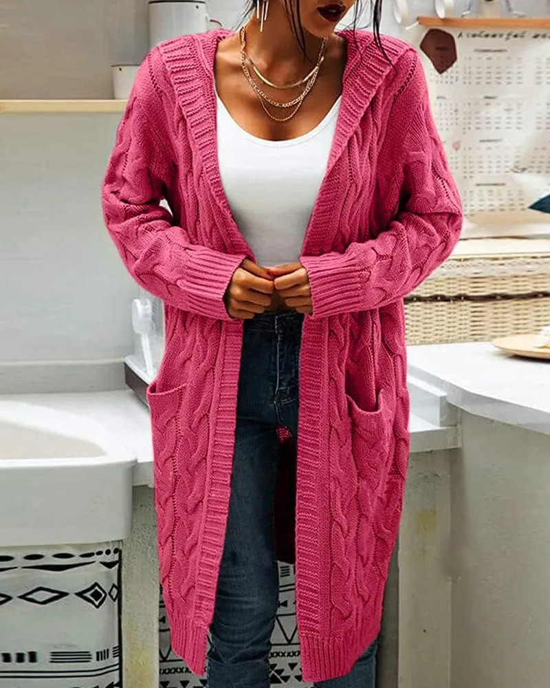 Women Hooded Open Front Cardigan Cable Knit Sweaters Solid Color Chunky Long Sweater Coats