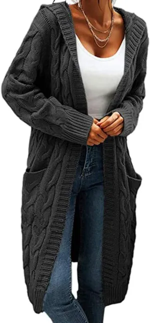 Women Hooded Open Front Cardigan Cable Knit Sweaters Solid Color Chunky Long Sweater Coats